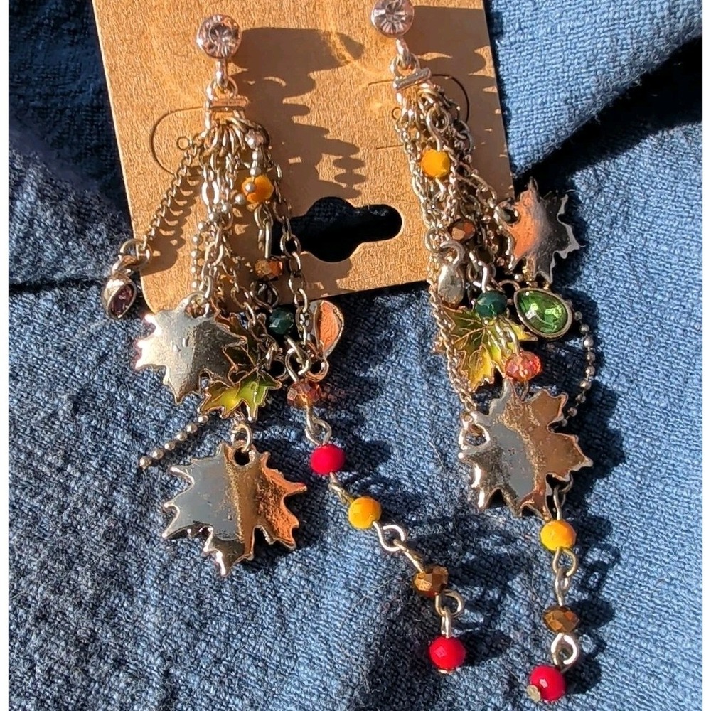 Autumn Fall Maple Leaf Golden Stud Drop Chandelier Earrings Orange‎ Yellow 2+" - Picture 5 of 5